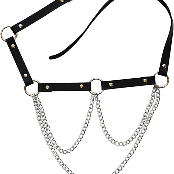 Black Layered Punk Top & Waist Chain Belt Leather Body Jewelry Bondage BDSM NWT - Picture 5 of 6